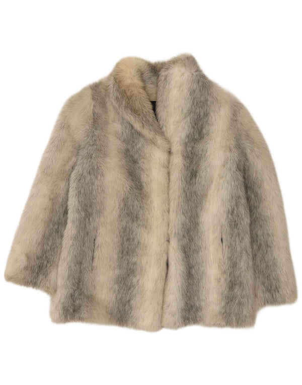 vintage Femmes Loose Fit Fausse Fourrure Manteau UK 10 Petit Gris Rayé Acrylique