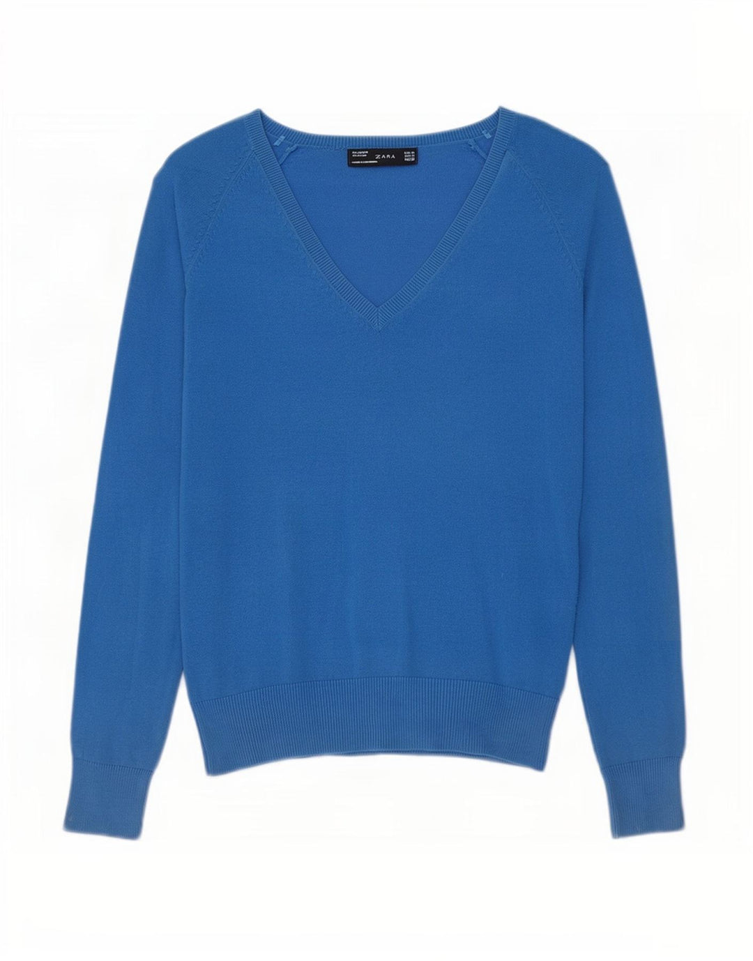 Zara Pull col en V pour femme UK 12 Bleu moyen Coton