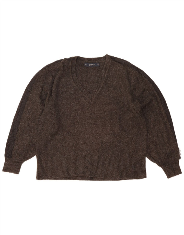 Zara Pull surdimensionné à col en V pour femme UK 10 Petit Gris
