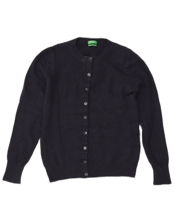 BENETTON Femmes Crop Cardigan Pull UK 6 XS Bleu Marine Laine Mérinos