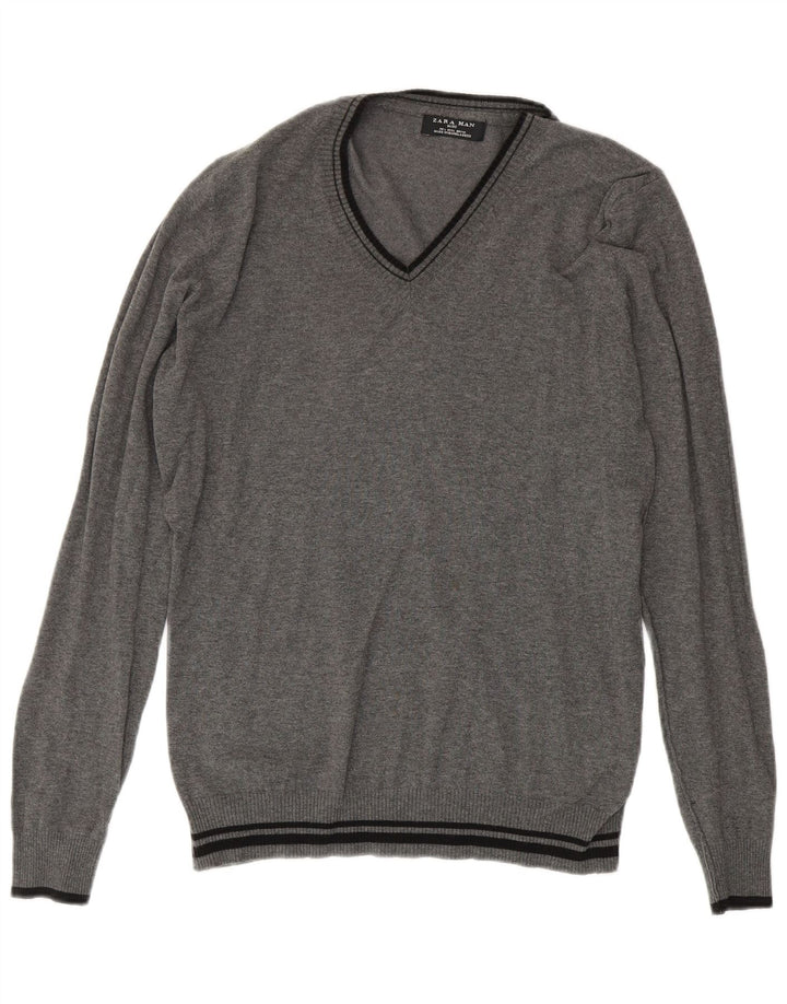 Zara Pull col V pour homme en coton rayé gris Large
