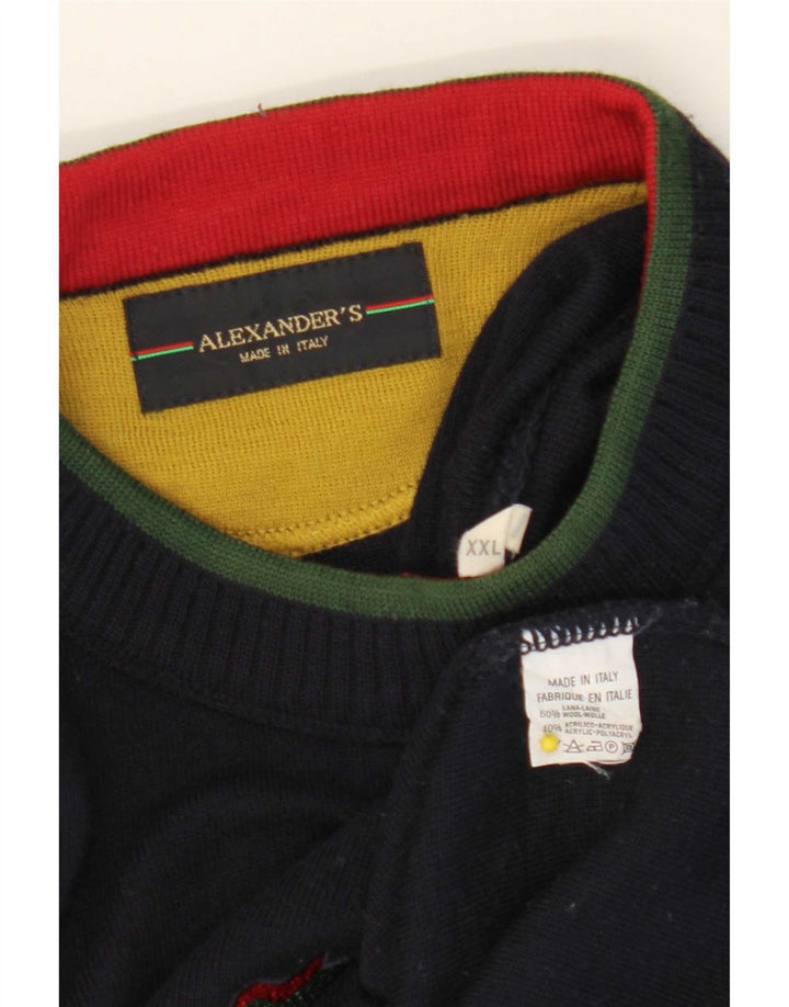 Alexander's Pull graphique à col rond pour homme 2XL en laine bleu marine