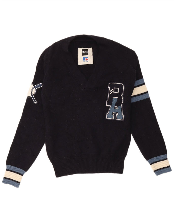 Hugo Boss Pull graphique à col en V pour homme Bleu marine moyen Colourblock