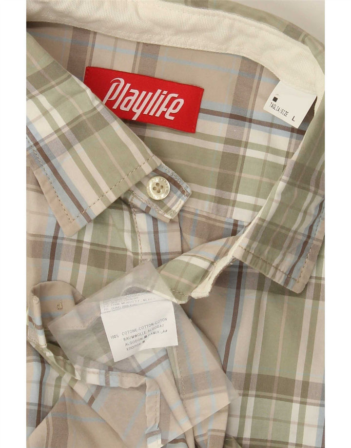 Playlife Chemise Homme Grand Carreau Beige Coton