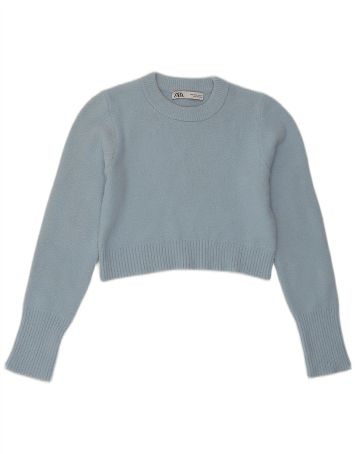 ZARA Pull court à col rond pour femme UK 10 Petit nylon bleu