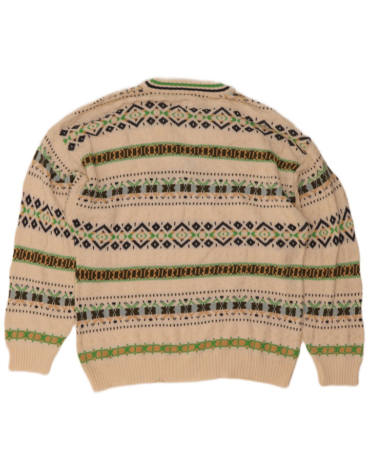 vintage Mens V-Col Jumper Pull Moyen Blanc Géométrique Coton