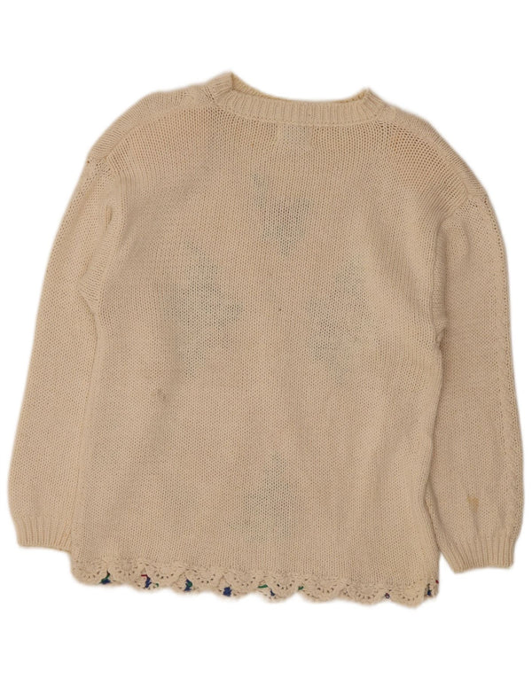 vintage Femmes Crew Neck Jumper Pull UK 14 Moyen Off White Floral Ramie