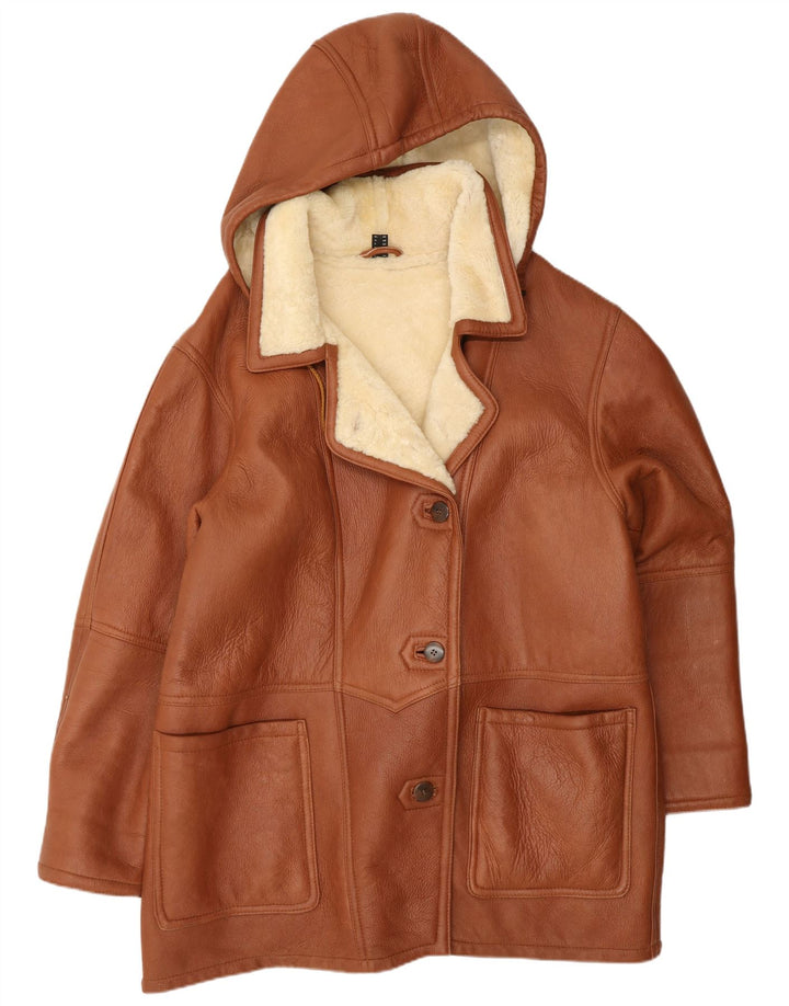 VINTAGE Manteau en peau de mouton à capuche pour femme UK 22 3XL Marron
