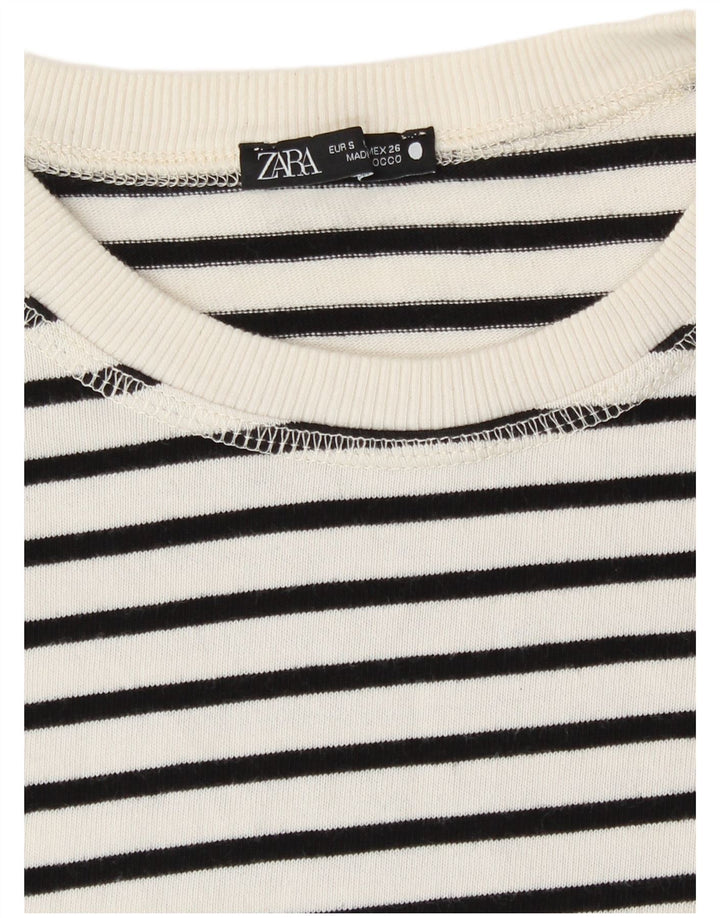 Zara Femme Top Manches Longues UK 10 Petit Rayé Blanc