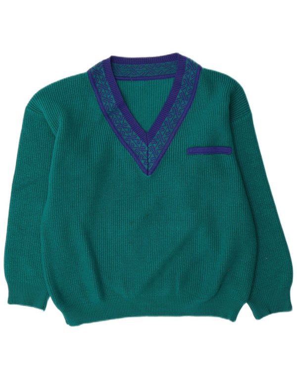 vintage Mens V-Col Jumper Pull Grande Laine Géométrique Verte