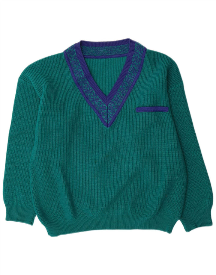 vintage Mens V-Col Jumper Pull Grande Laine Géométrique Verte
