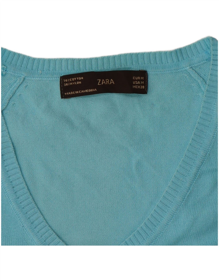 Zara Pull col en V pour femme UK 12 Bleu moyen Coton