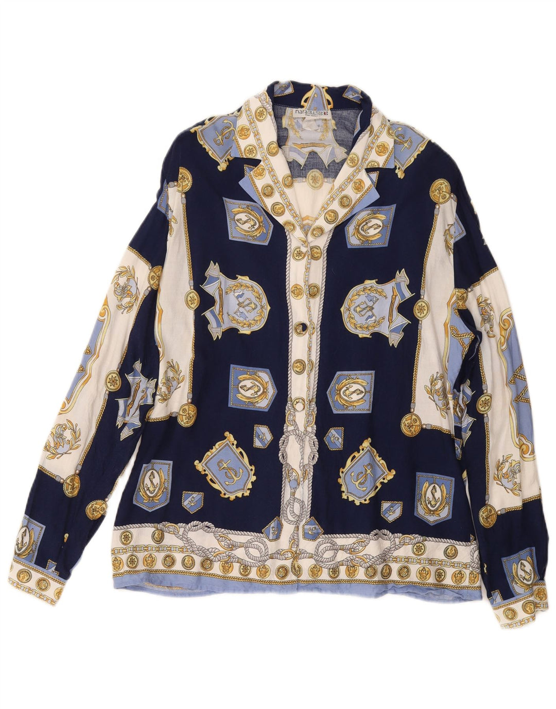 VINTAGE Femme Motif Abstrait Chemise Blouse UK 14 Bleu Marine Moyen