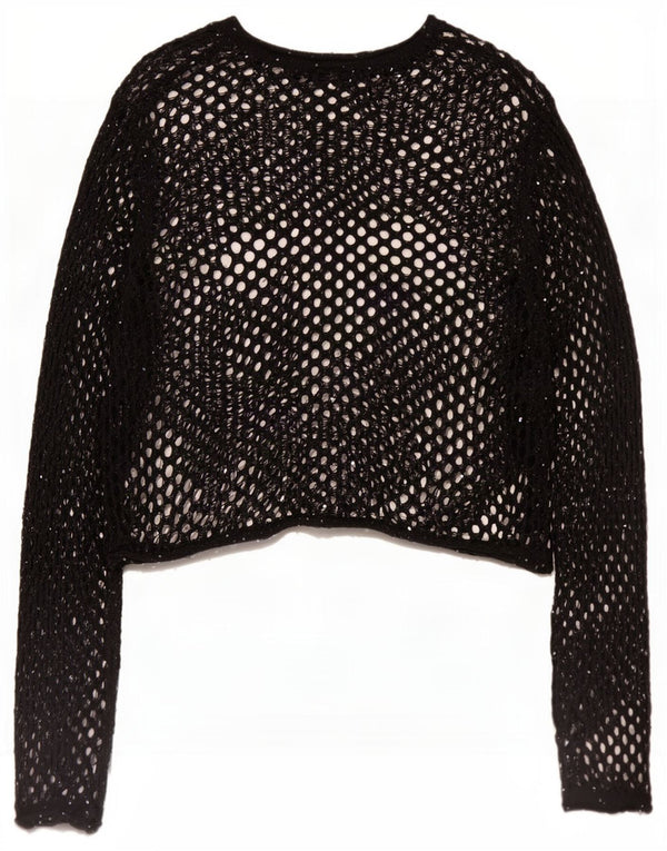 Zara Femmes Oversize Manches Longues Crochet Voir À Travers Top UK 10 Petit Noir