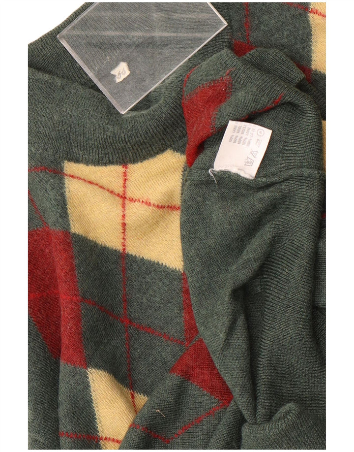 vintage Mens Turtle Neck Jumper Pull IT 50 Moyen Vert Argyle/Diamant