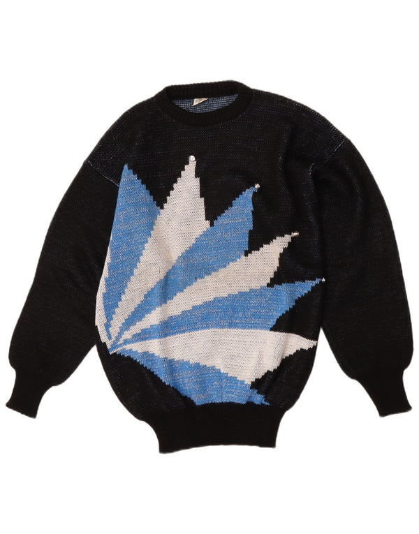 vintage Womens Crew Neck Jumper Pull UK 16 Grande laine colorblock noire