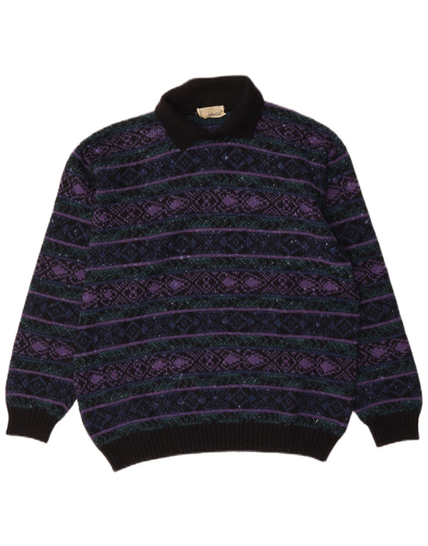 Vintage Pull col polo pour homme Large laine Fair Isle multicolore