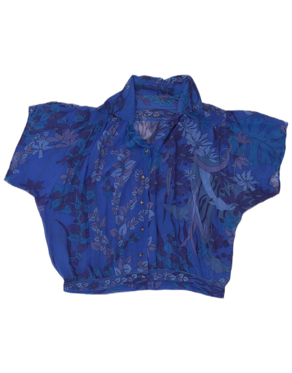 vintage Femmes Voir à travers la chemise à manches courtes Blouse UK 18 XL Bleu Floral