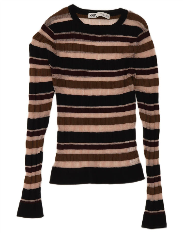 Zara Womens See Through Top Manches Longues UK 8 Petit Rayé Multicolore