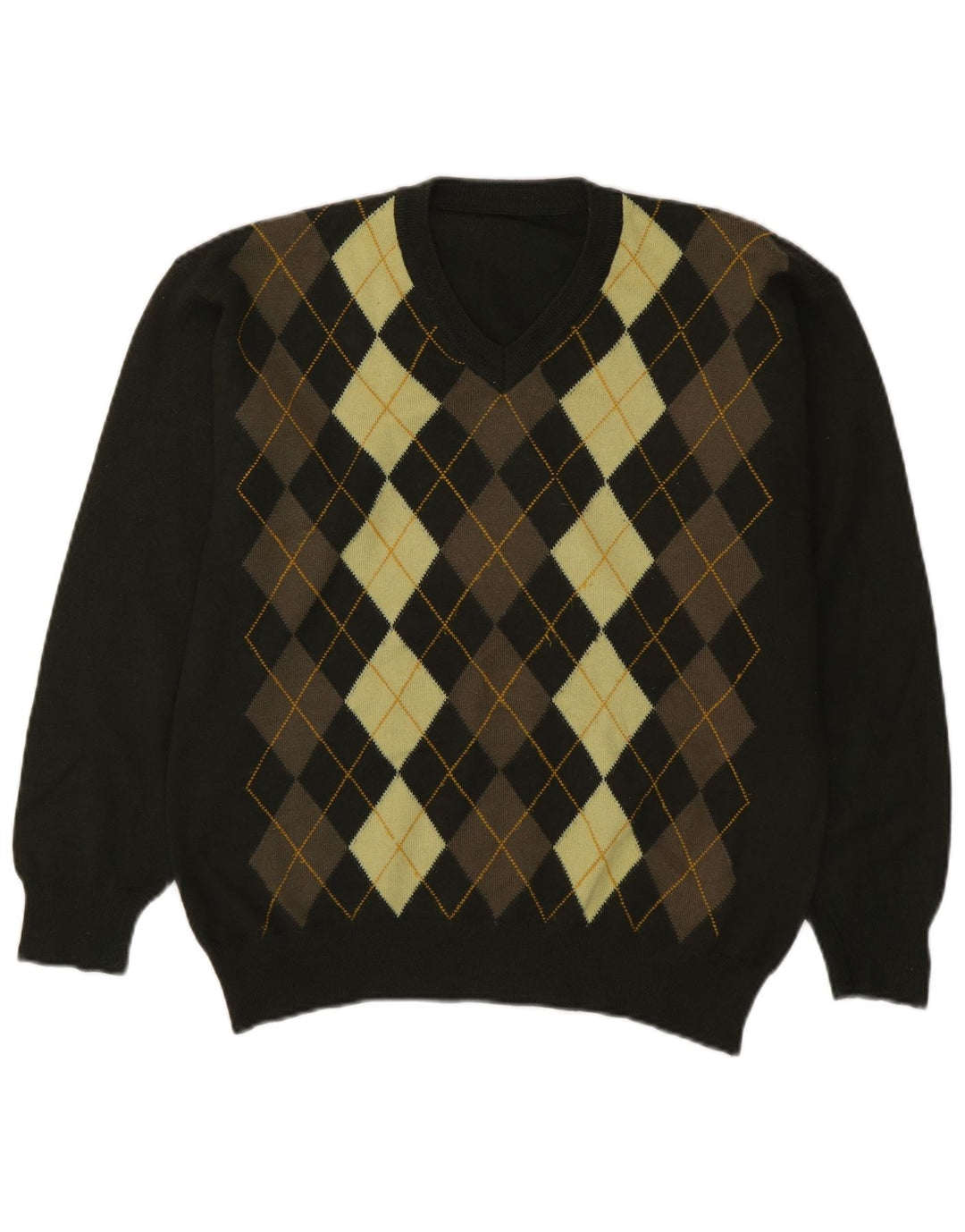 vintage Homme Col V Pull Pull Vert Moyen Argyle/Diamant