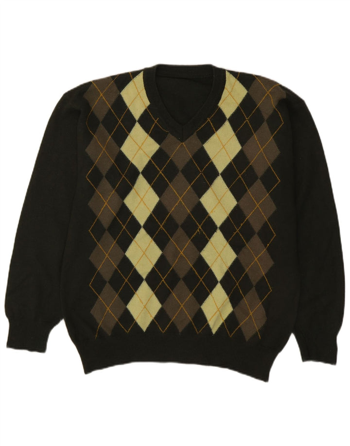 vintage Homme Col V Pull Pull Vert Moyen Argyle/Diamant