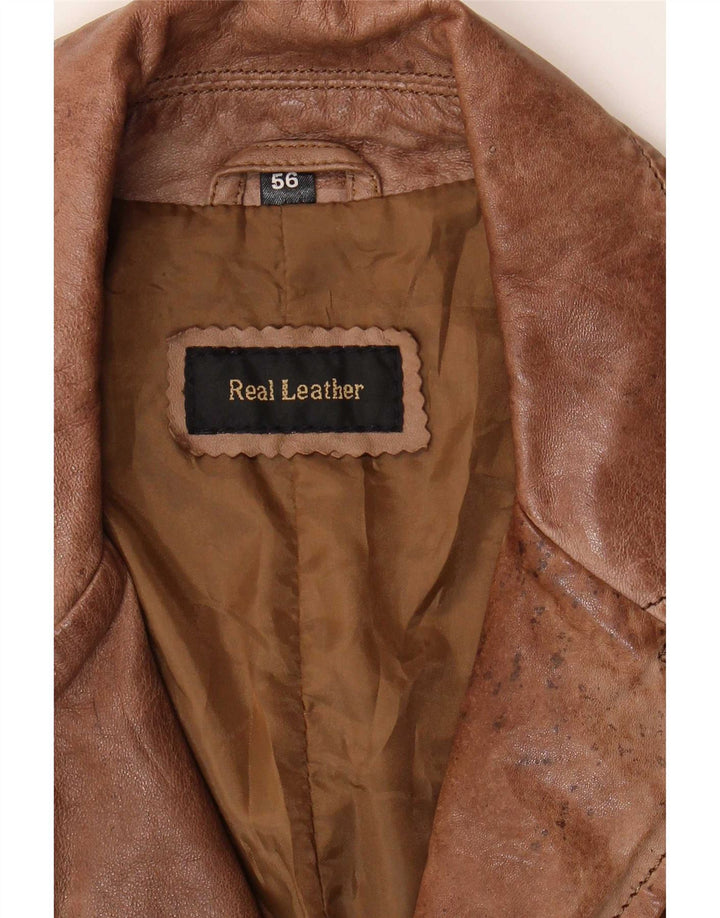 vintage Homme 2 Boutons Veste Blazer En Cuir UK 40 Grand Marron