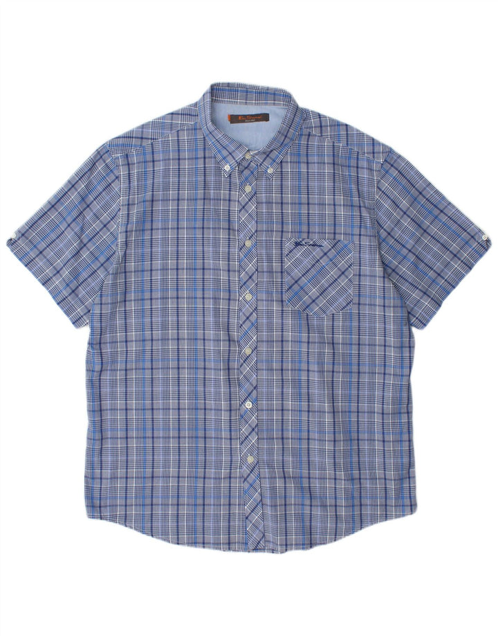 BEN SHERMAN Chemise à manches courtes pour homme XL en coton à carreaux bleus