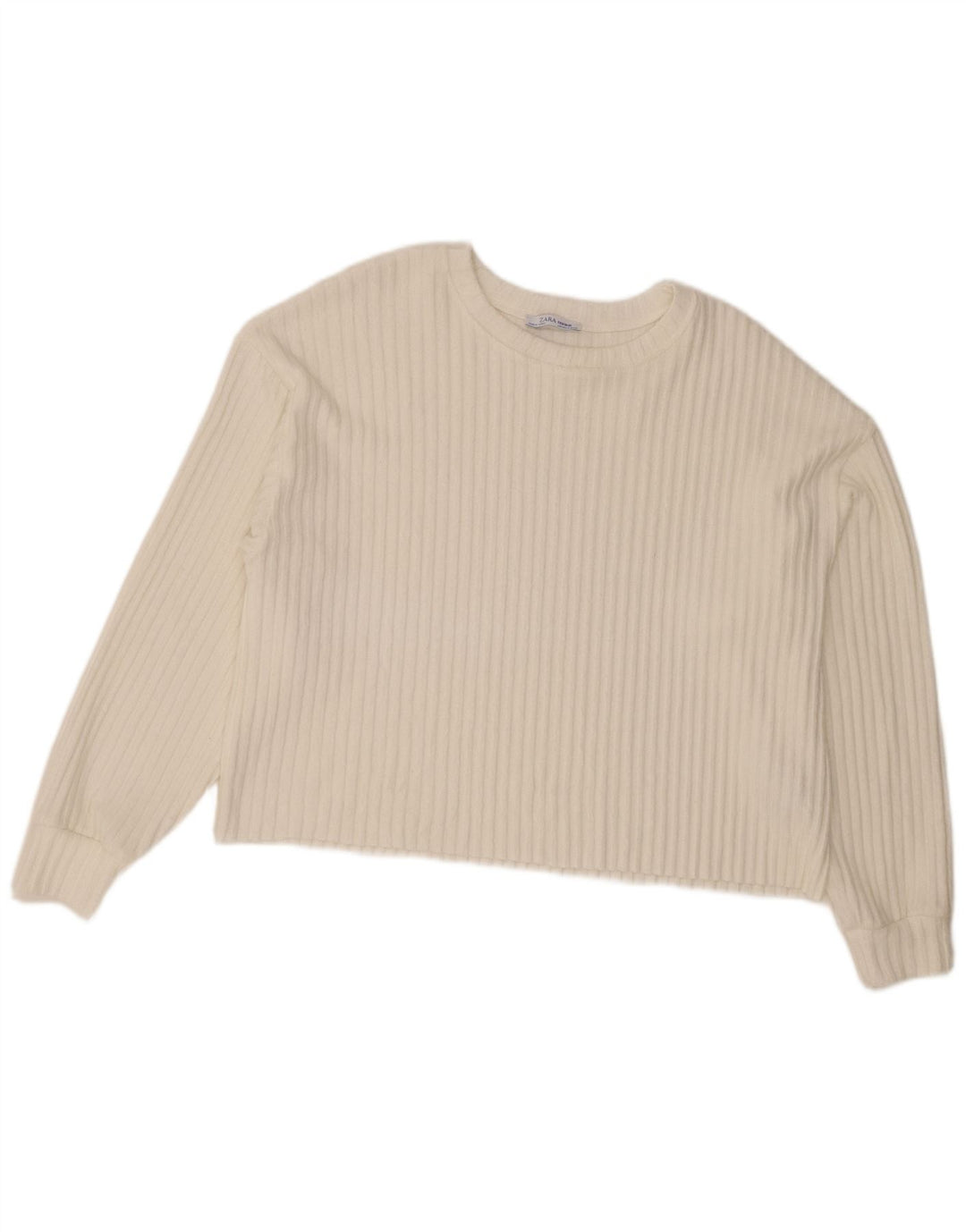Zara Pull court à col bateau pour femme UK 14 en polyester blanc moyen
