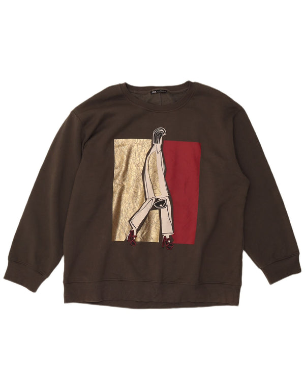 Zara Womens Graphic Sweat-shirt surdimensionné UK 18 XL Coton kaki