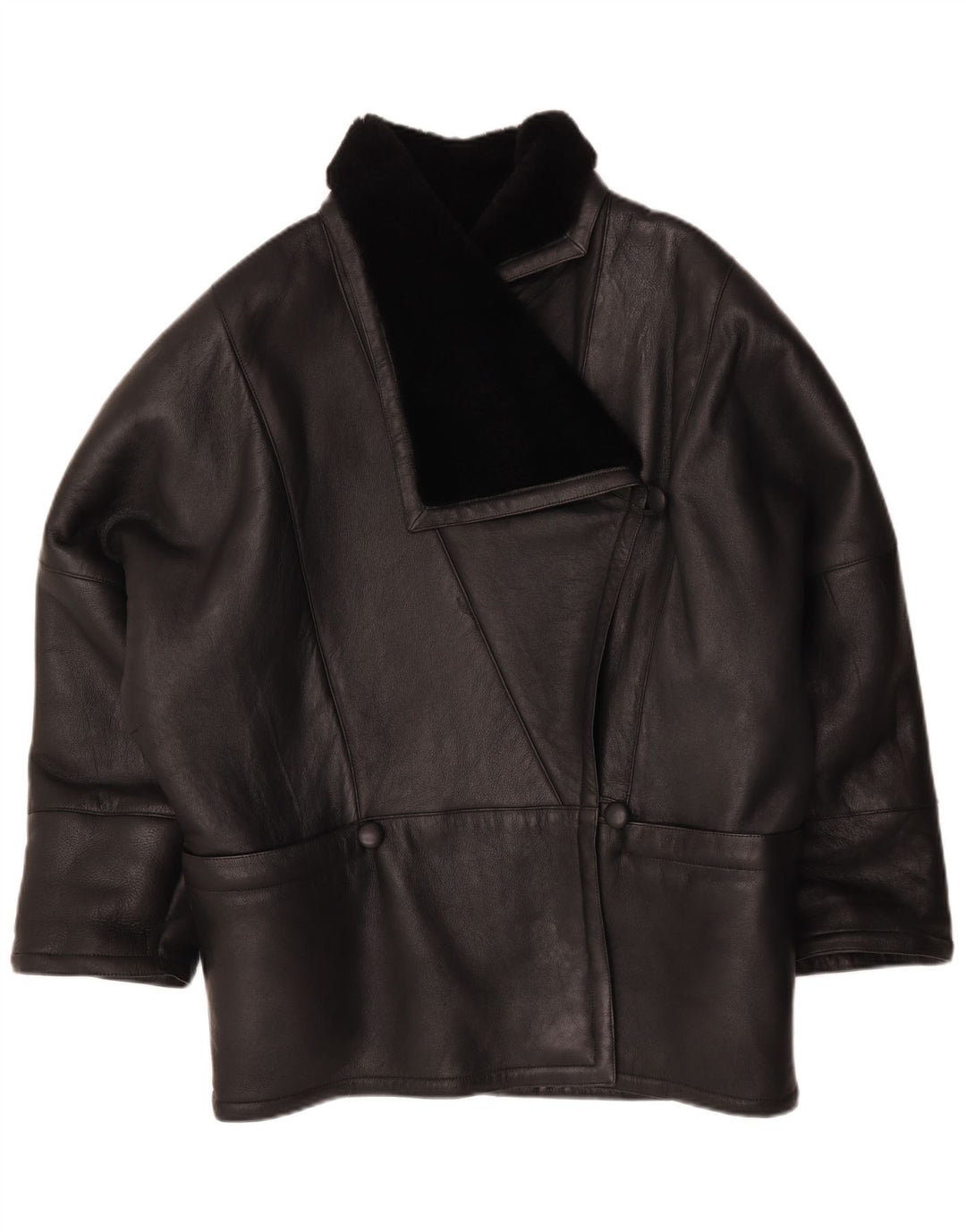 veste en peau de mouton surdimensionnée vintage pour femmes IT 44 Cuir noir moyen