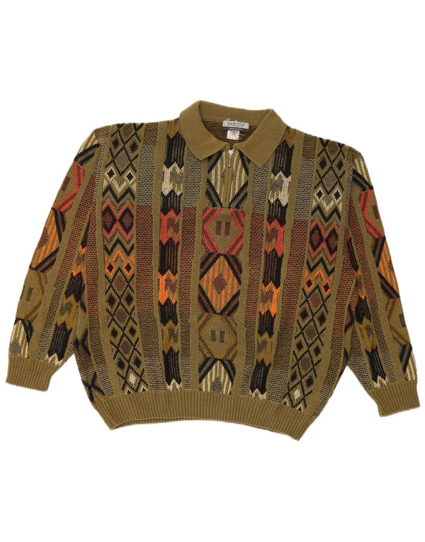 Babista Pull à col polo pour homme, grand motif géométrique vert