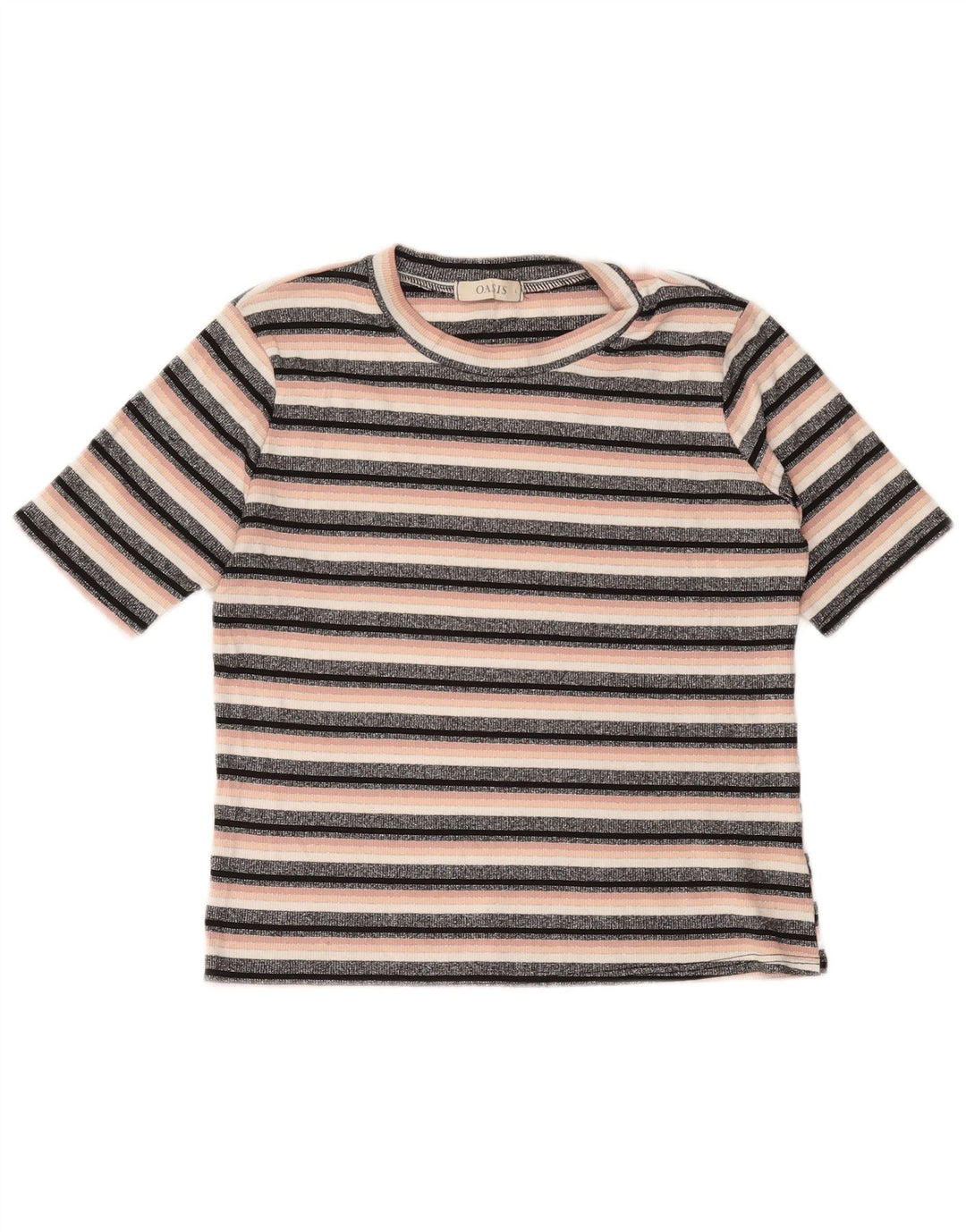 OASIS T-shirt court pour femme UK 14 Grande viscose rayée noire