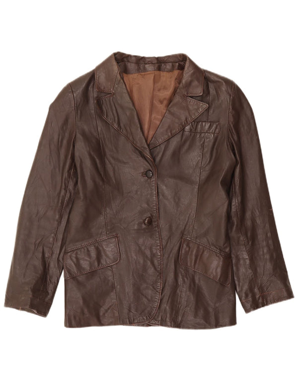 vintage Femme 2 Boutons Veste Blazer En Cuir UK 12 Brun Moyen