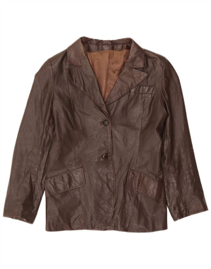 vintage Femme 2 Boutons Veste Blazer En Cuir UK 12 Brun Moyen