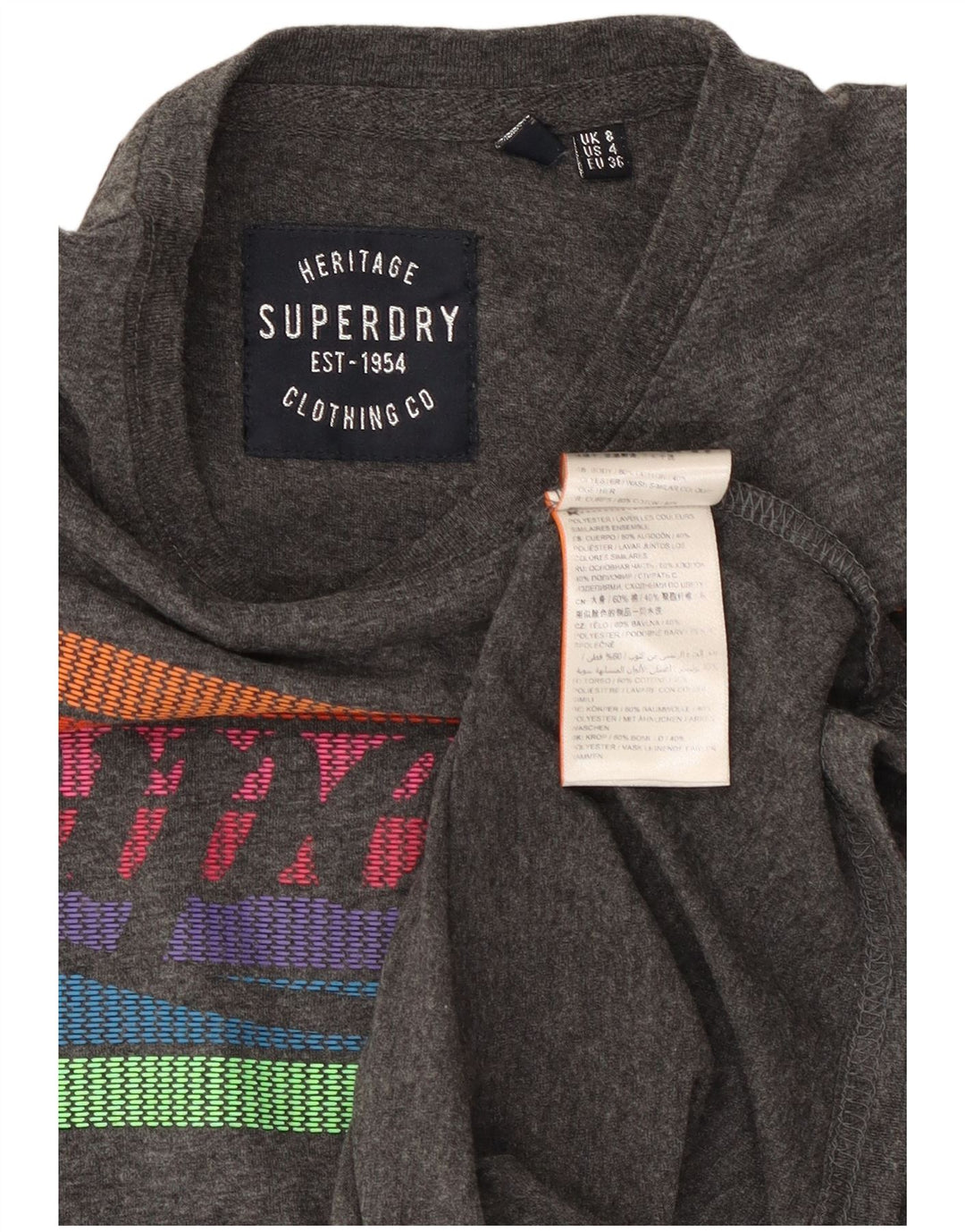 SUPERDRY Femme Heritage Graphic T-Shirt Top UK 8 Small Gris Coton