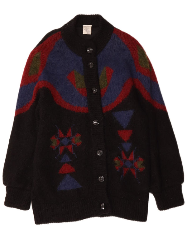 vintage Womens Longline Cardigan Sweater UK 14/16 Grand Noir Géométrique