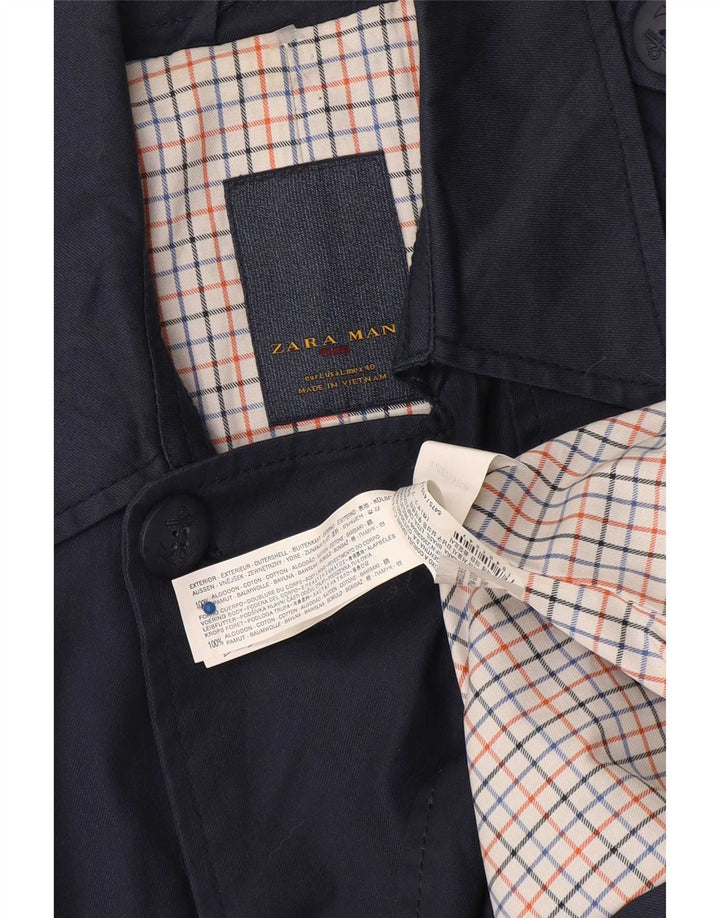 Zara Mens Trench Coat UK 40 Large Bleu Marine Coton