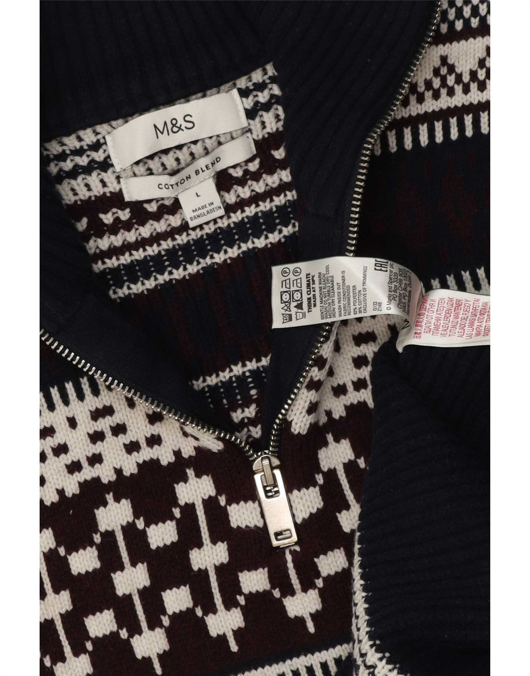 Marks & Spencer Pull à col zippé pour homme Taille L Bleu marine Fair Isle