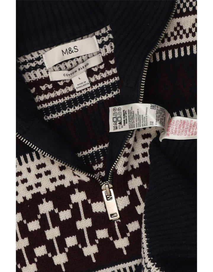 Marks & Spencer Pull à col zippé pour homme Taille L Bleu marine Fair Isle