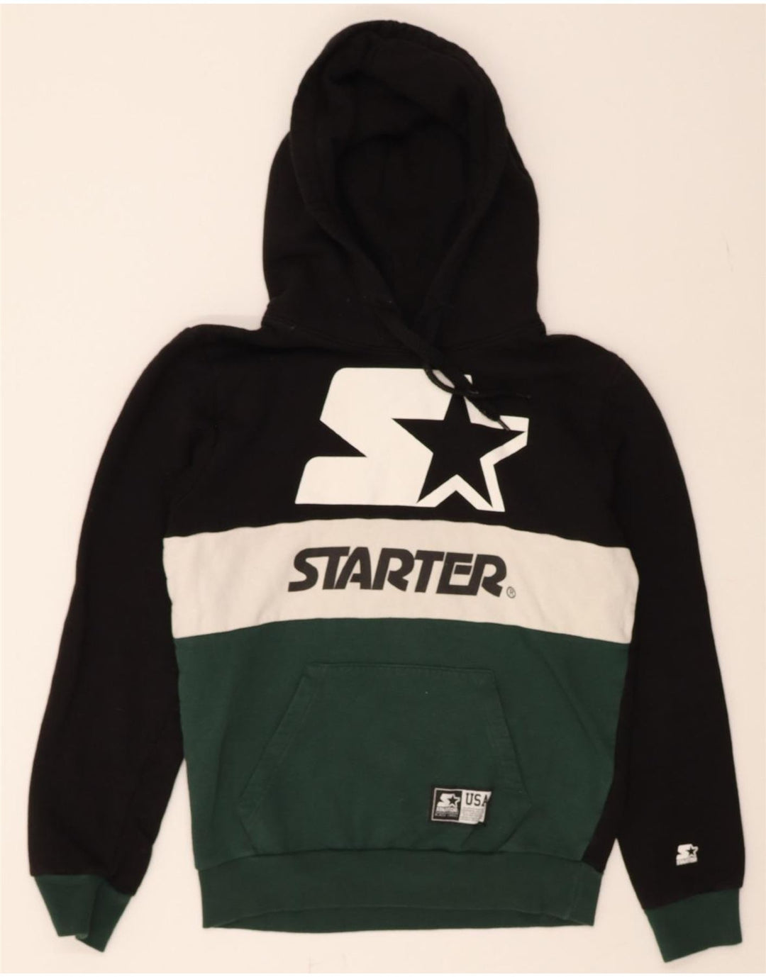 STARTER Mens Graphic Hoodie Jumper Small Black Colourblock Vintage Starter and Second-Hand Starter from Messina Hembry 