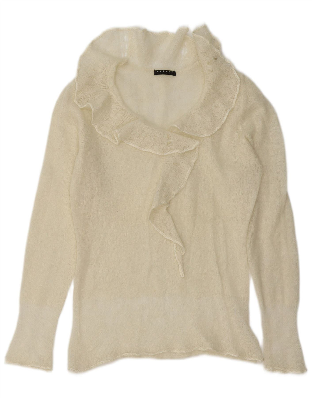 Sisley Pull à col polo à volants sur le devant pour femme UK 12 Medium Off White
