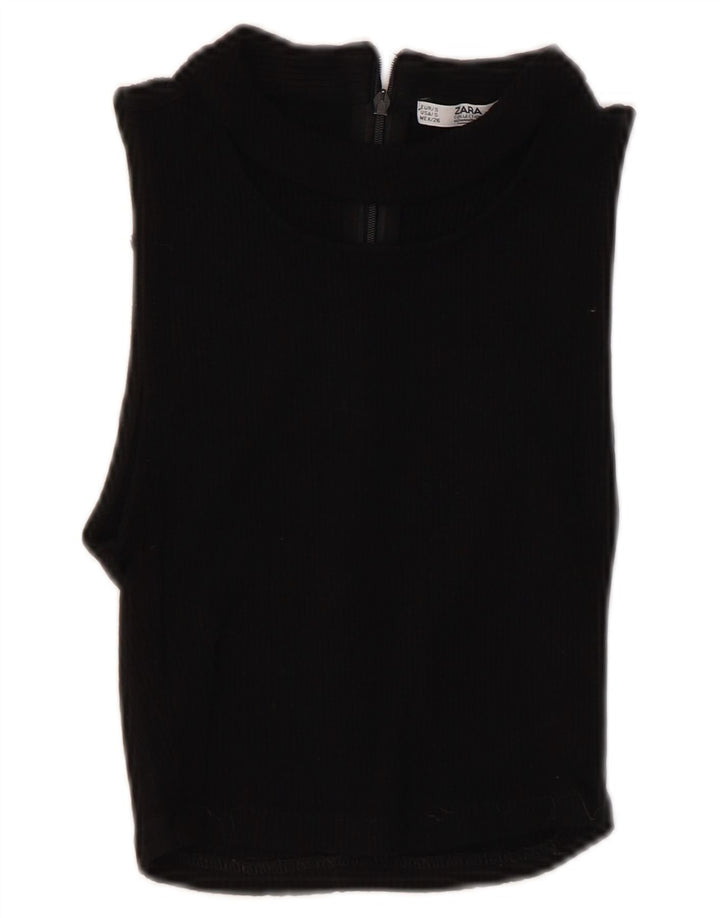 Zara Femme Haut Court Sans Manches UK 8 Petit Viscose Noir