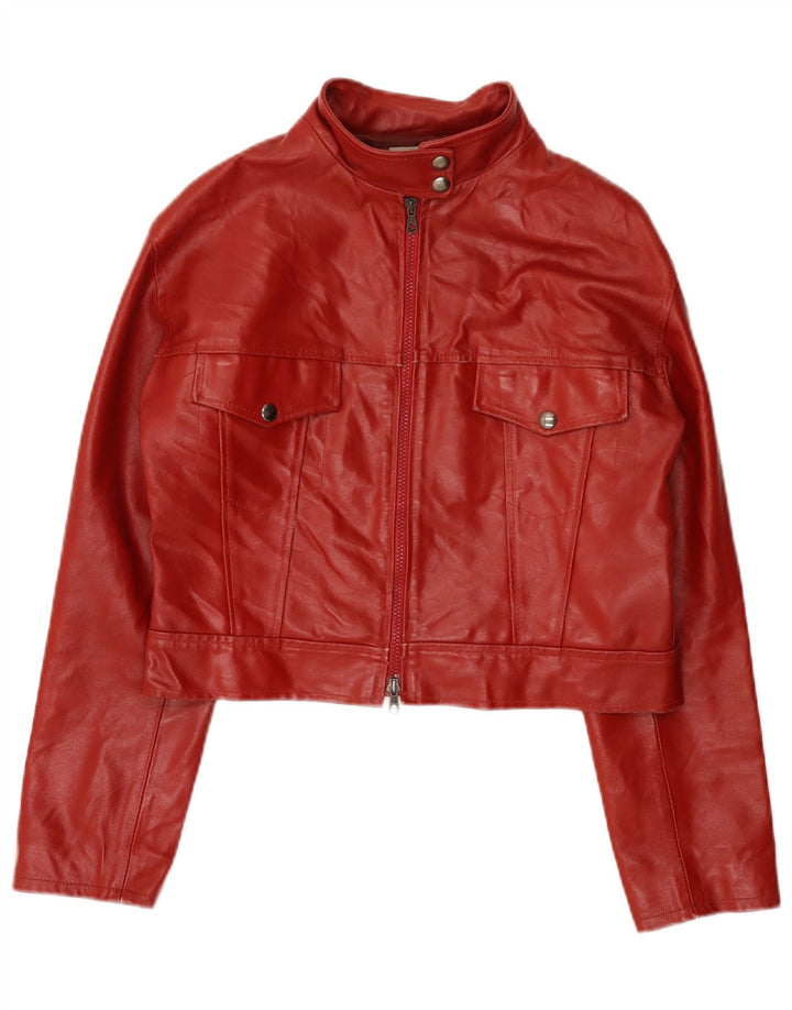veste en cuir crop femme vintage UK 14 cuir rouge moyen