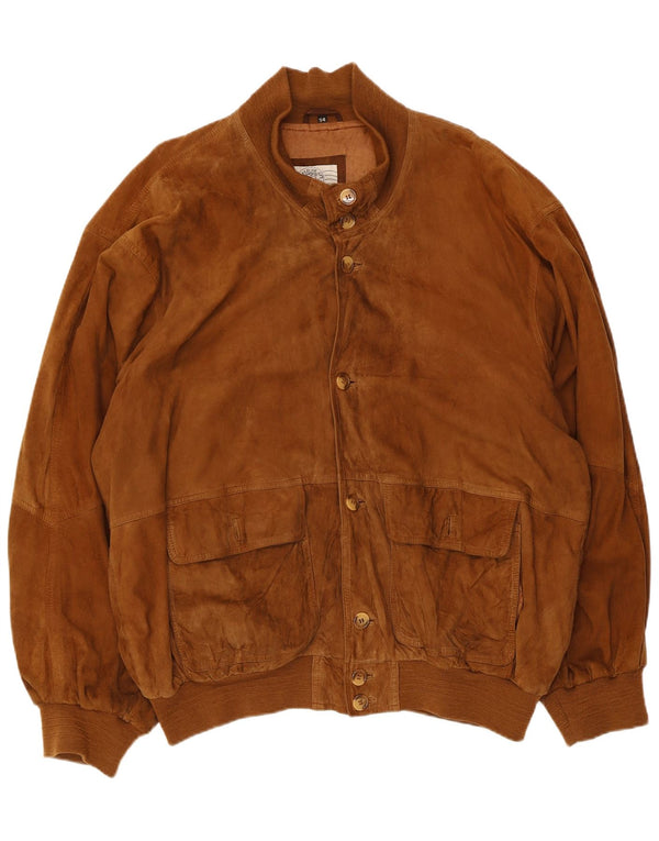 vintage Mens Suede Bomber Jacket UK 44 2XL Cuir Marron