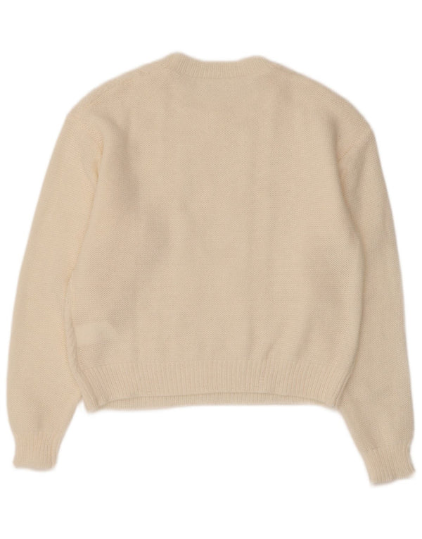 vintage Womens Crop Boat Neck Jumper Pull UK 12 Moyen Blanc Acrylique