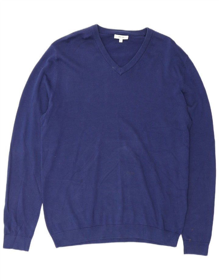 REISS Pull col V pour homme en coton bleu Taille L