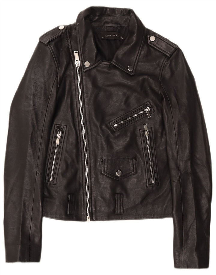 Zara Veste de motard en cuir pour femme UK 12 Medium Noir