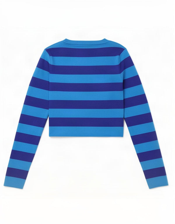 Zara Womens Crop Top Manches Longues UK 10 Petit Viscose Rayé Bleu