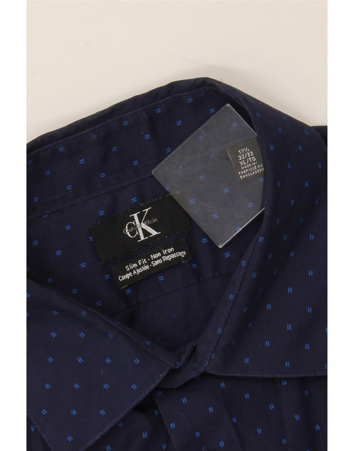 CALVIN KLEIN Chemise Slim Fit Homme Taille 17 1/2 XL Bleu Marine Coton Tacheté