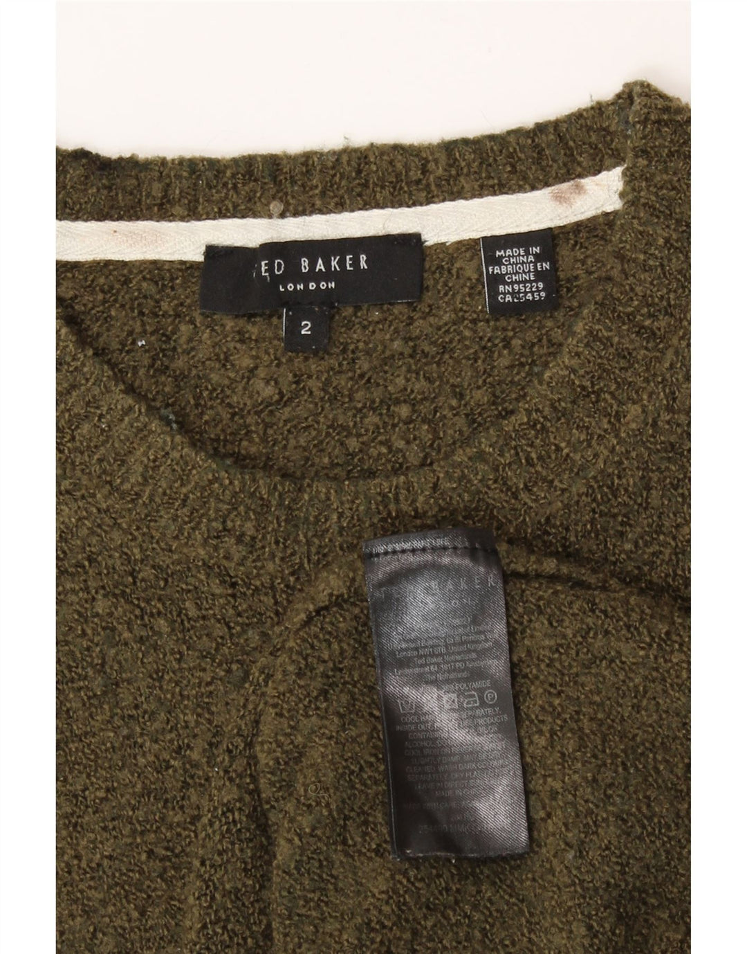 Ted Baker Pull graphique à col rond pour homme Taille 2 Petite laine kaki